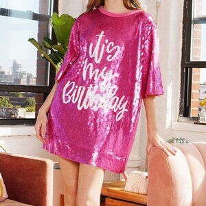 Sequin T-shirt "It's my birthday" dress - PINK
